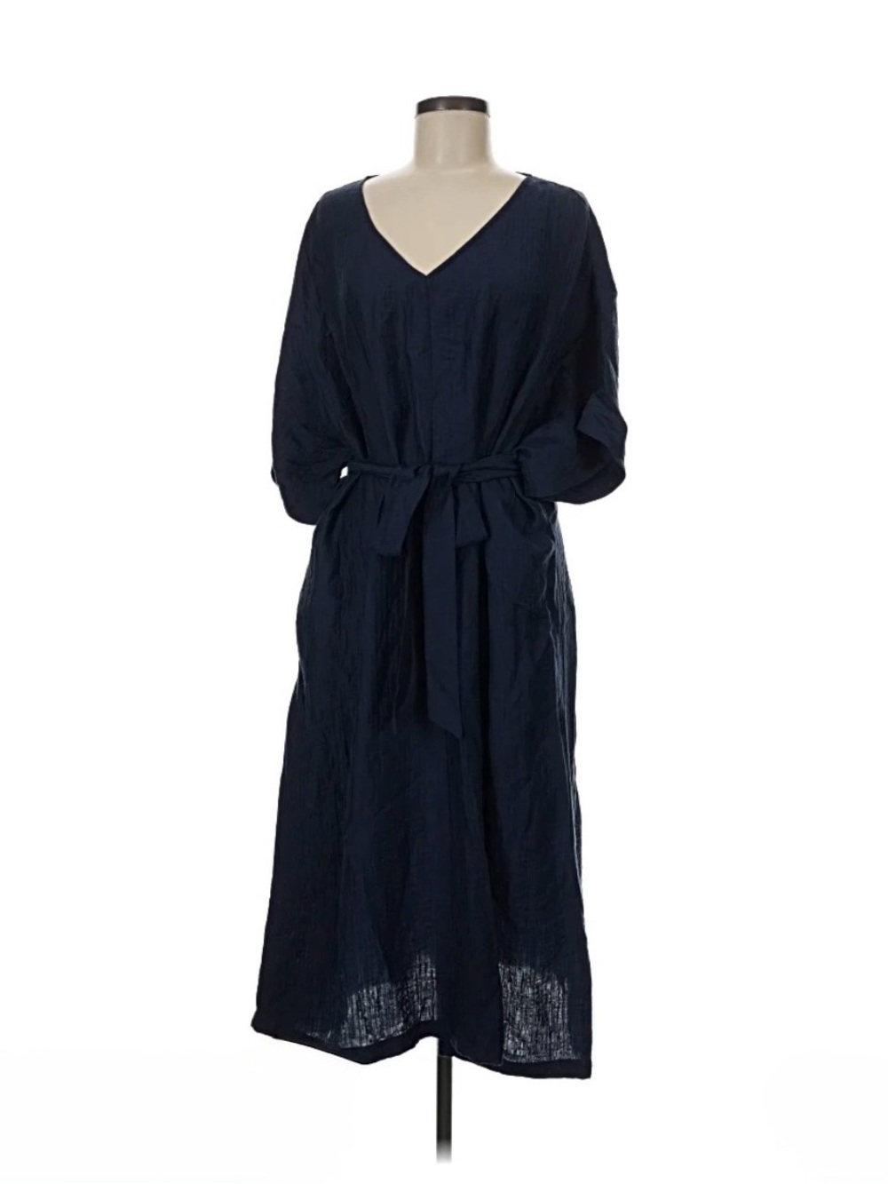 FRNCH Navy Textured V-Neck Midi Dress with Tie Waist